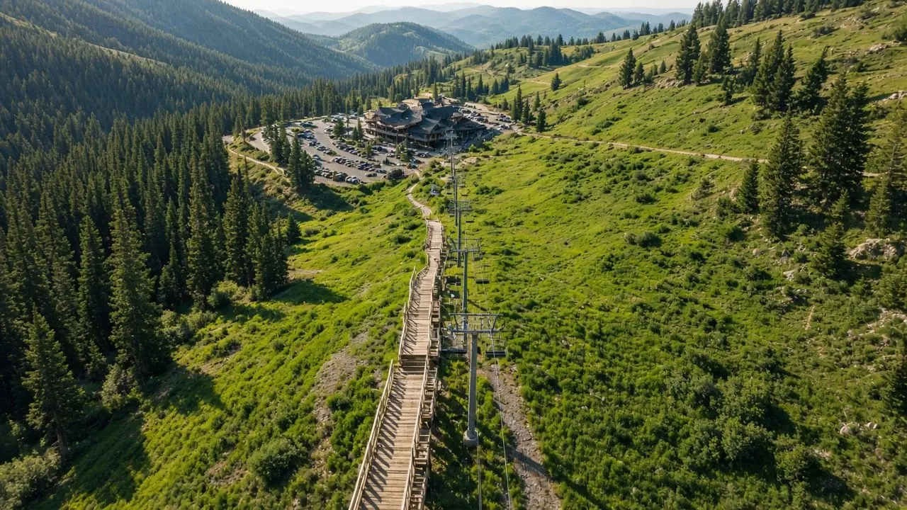 Concept render: aerial view of a staircase running up a green slope beside a chairlift toward a lodge