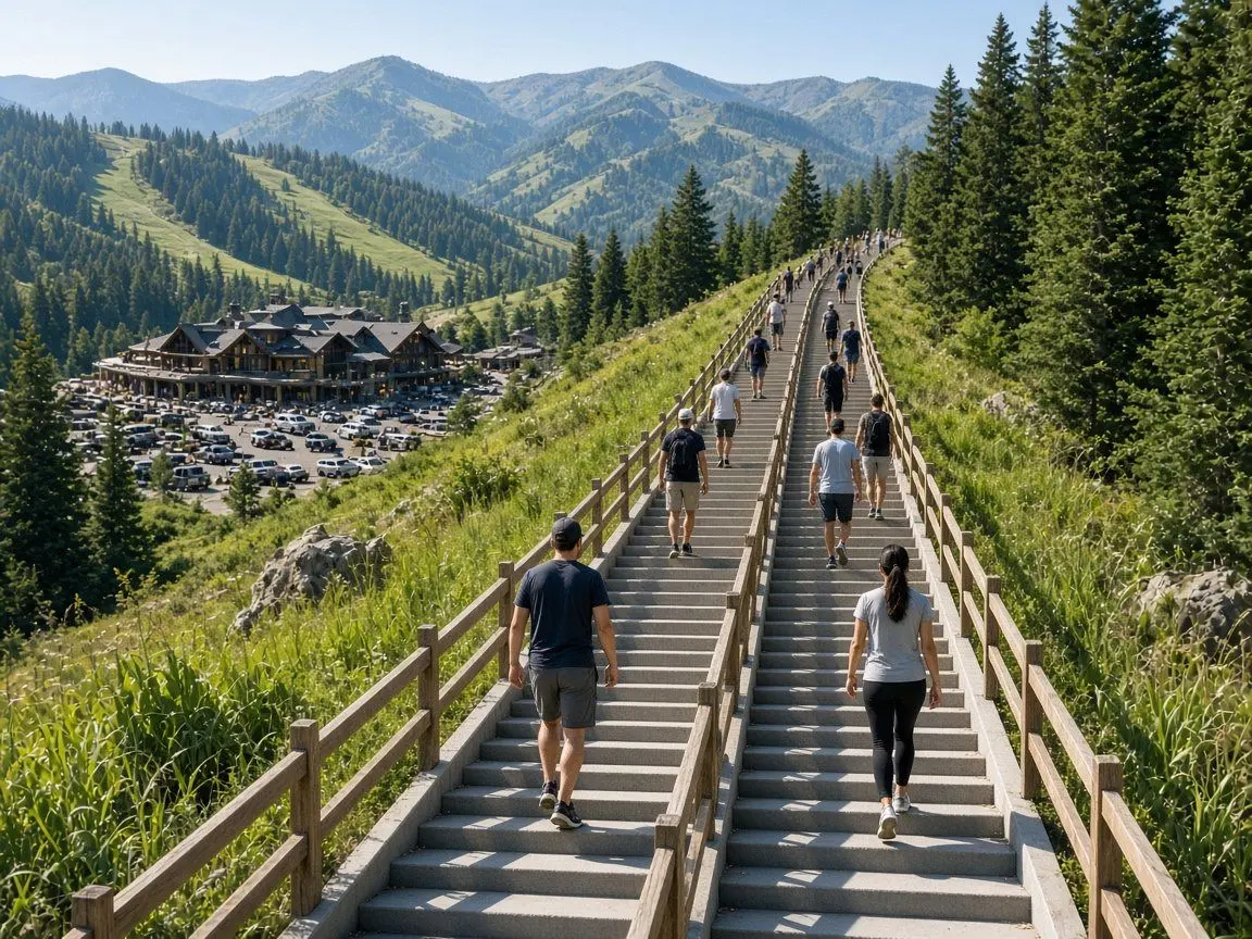 Concept render: people climbing and descending a dual-lane staircase toward a mountain base village
