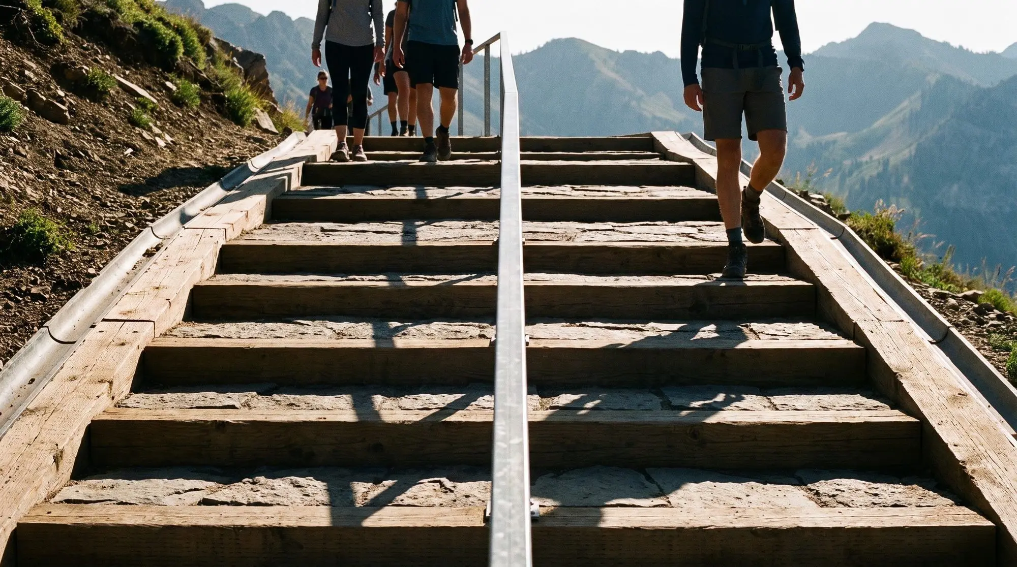 Concept render: climbers on a two-lane staircase split by a centre rail, seen from behind