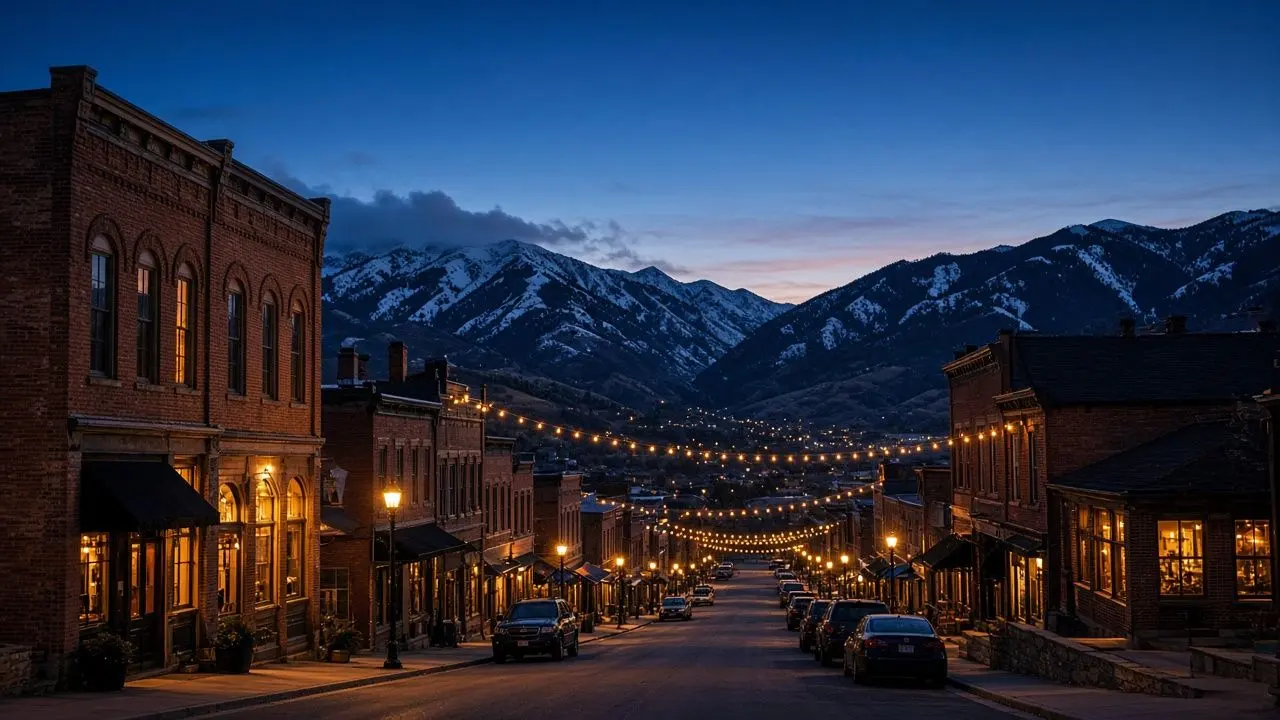 Concept render: a historic main street at dusk under string lights with mountains behind