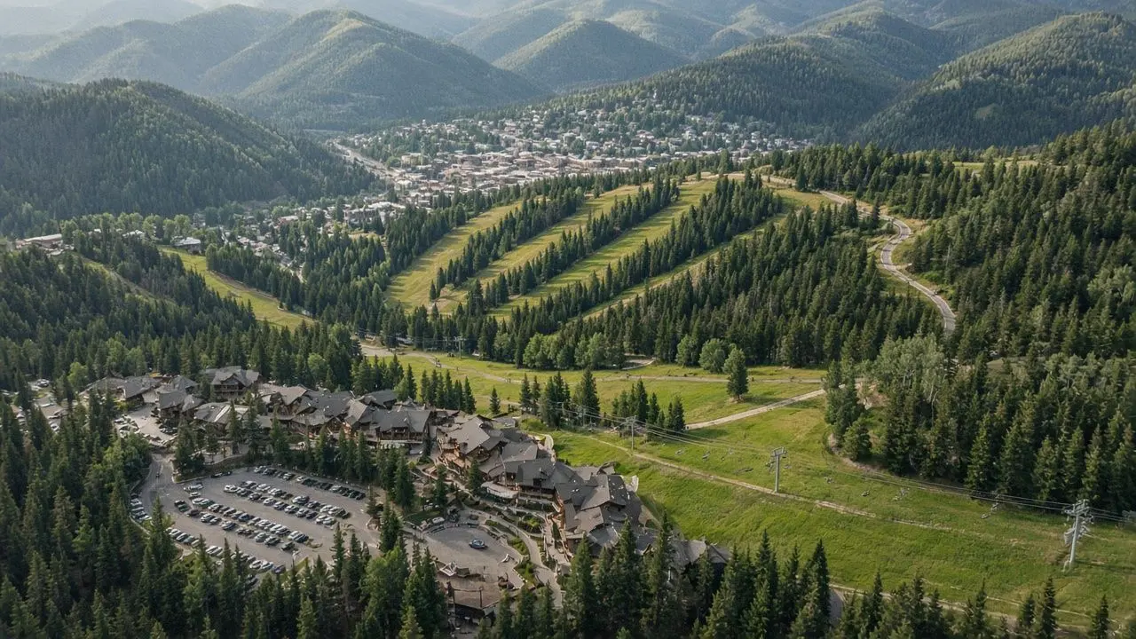 Concept render: aerial view of a ski village base area with lodges, parking and green runs