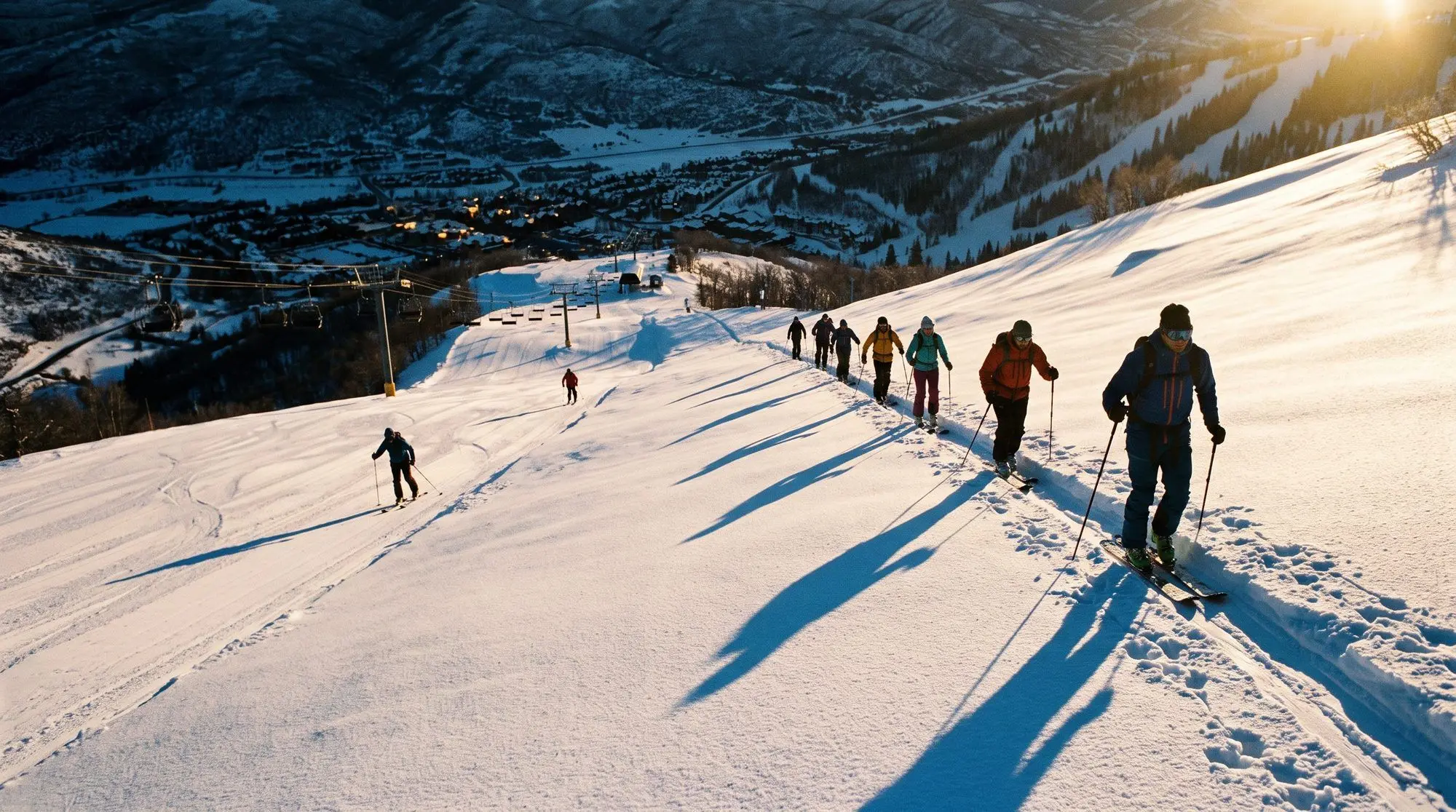 Concept render: skinners climbing a snowy slope at sunset, the stairs closed under snow